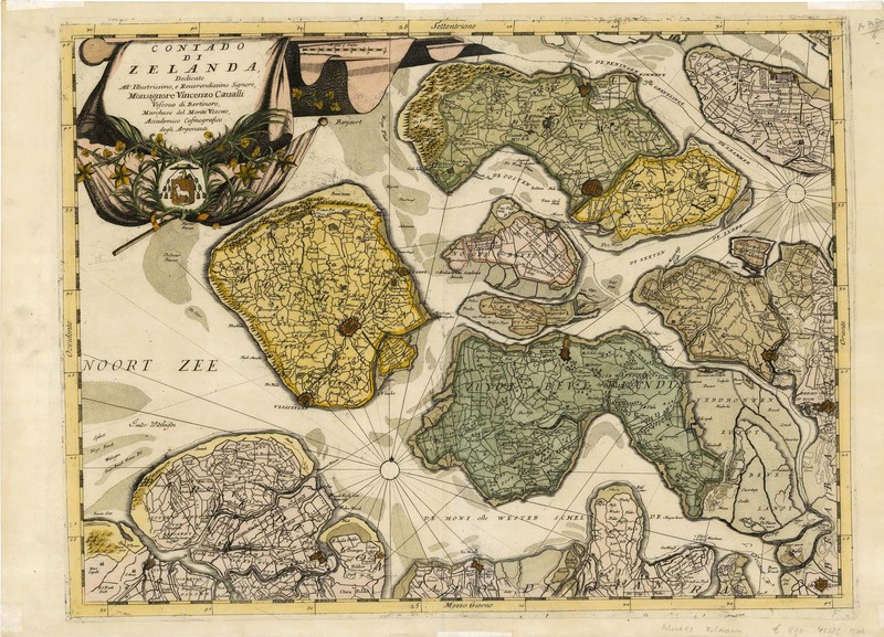 Kaart uit 1692 van Vincenso Coronelli (1650-1718). Het geeft een beeld van  het graafschap Zeeland, naar de situatie omstreeks het midden van de 17e eeuw. THA 1554.