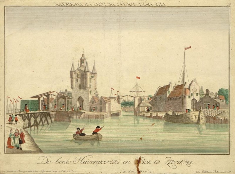 Gezicht op de Noordhavenpoort en de Zuidhavenpoort gezien vanuit het zuidoosten,  1765. (opticaprent, G.B. Probst, J.B. Probst)