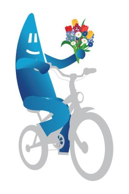 tekening blauw mannetje met bloemen op de fiets