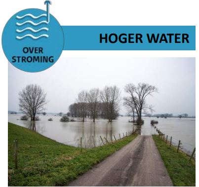 een rivier die buiten zijn oevers is getreden. Er staan bomen in de rivier en de weg naar de rivier toe staat onder water