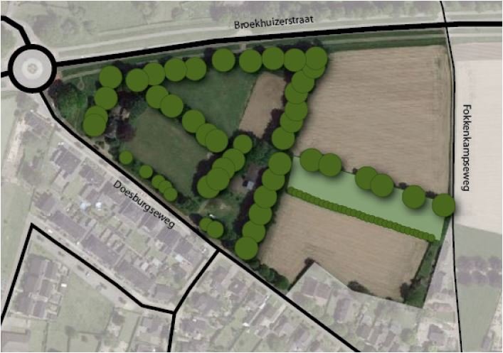 tekening van het plan tussen de Doesbergseweg, Broekhuizerstraat en de Fokkenkampseweg