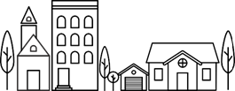 Tekening woningen, kerk garage en bomen.