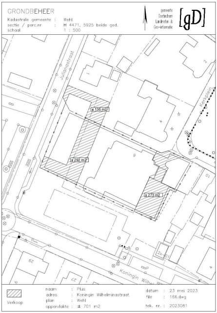 Tekening met plattegrond van de stukken grond die gemeente Doetinchem van plan is te verkopen