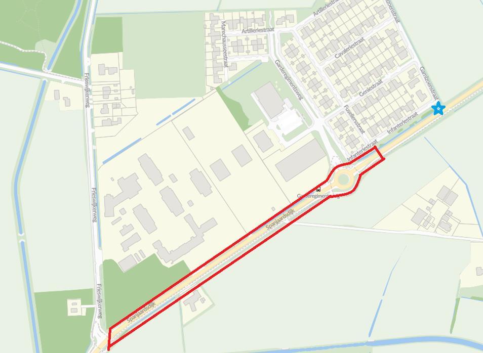 Werkgebied Spanjaardsdijk: Frieswijkerweg tot na rotonde bij Infanteriestraat. Er komt een noodintrit ter hoogte van de Garnizoenstraat.