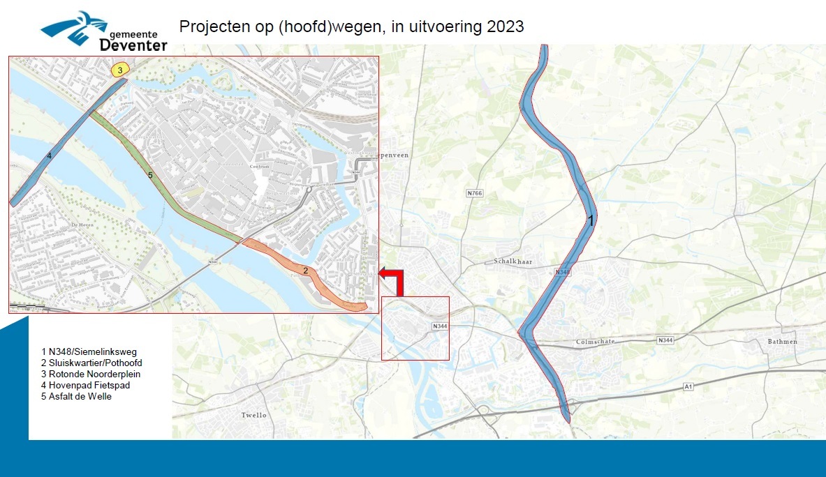 kaartje met werkzaamheden op (hoofd)wegen in najaar 2023