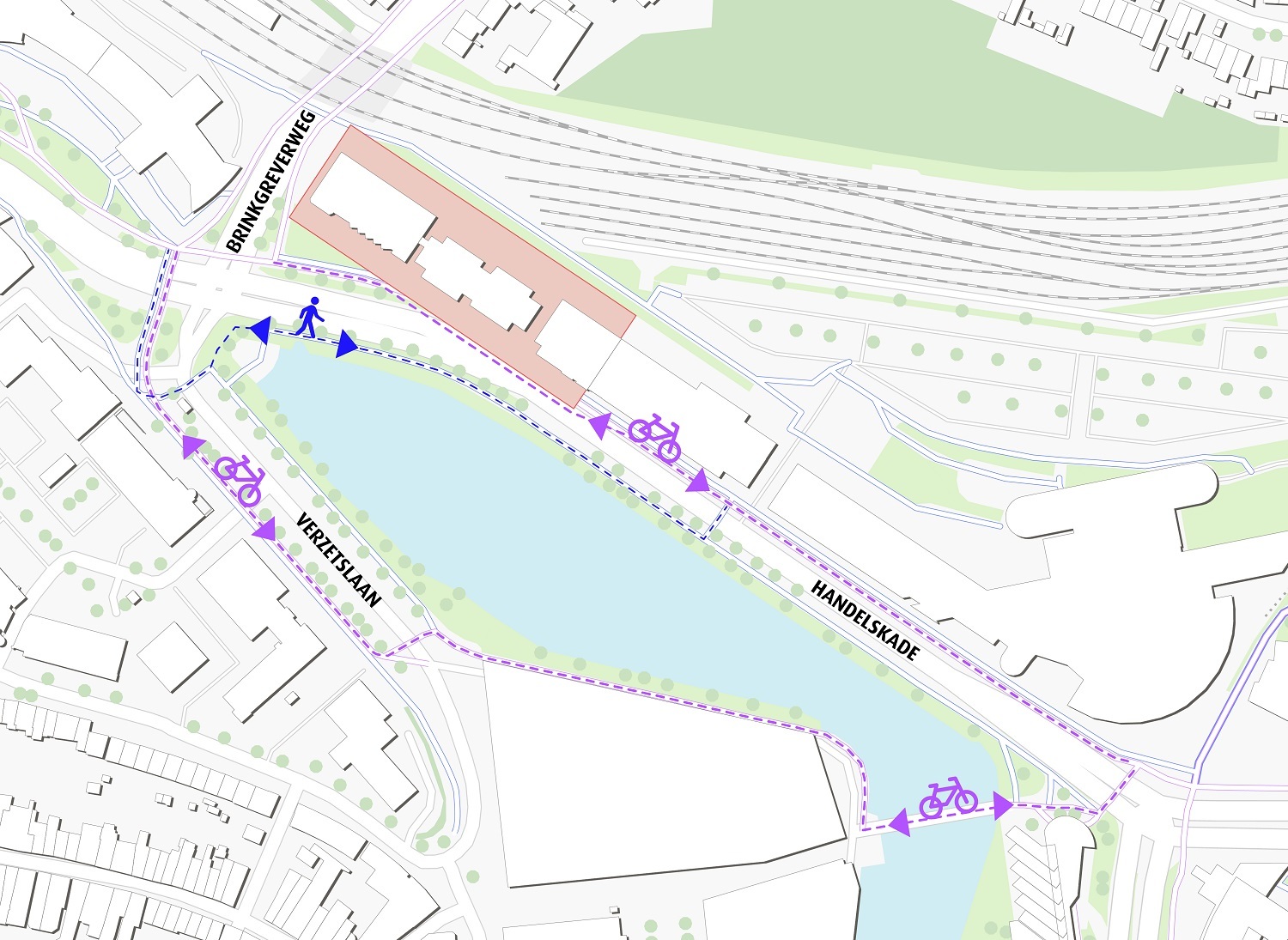 Alternatieve routes voor voetgangers en fietsers, zoals genoemd in de tekst, zichtbaar gemaakt op een kaartje.