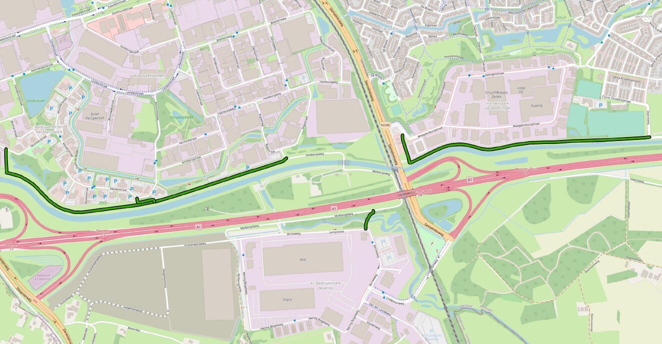 Kaart met daarop aangegeven de nieuwe fietsroutes lang de A1. Zie voor beschrijving routes het nieuwsbericht.