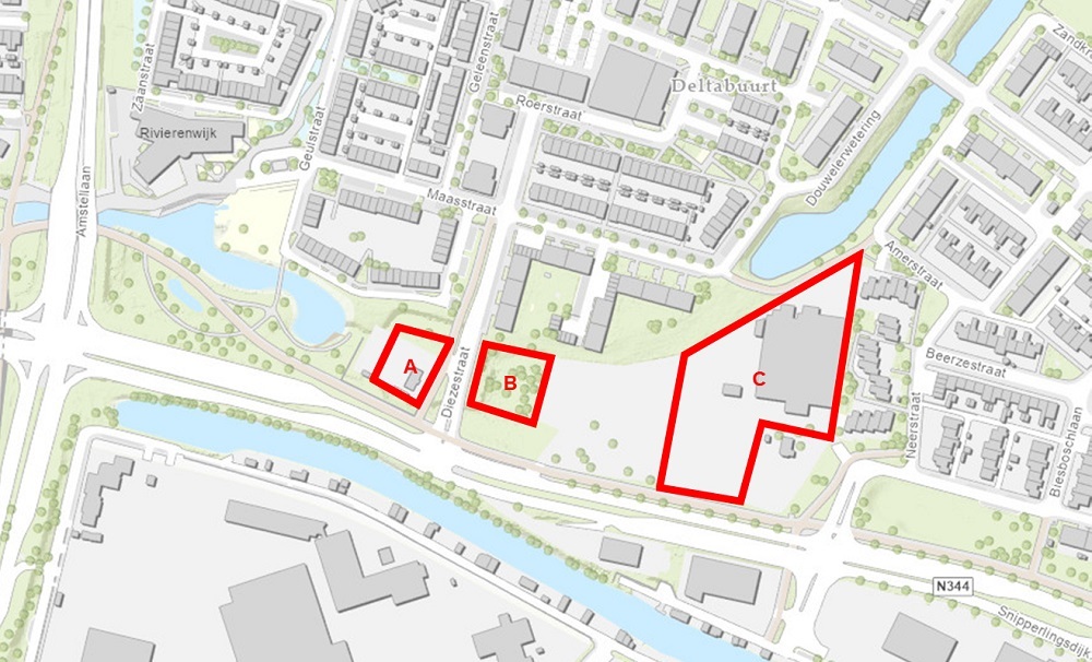 Overzichtskaart woningbouwplannen Aan de Dijk. Locatie A: 36 vrije sector huurappartementen, locatie B: 46 appartementen, locatie C: 163 woningen koop en huur