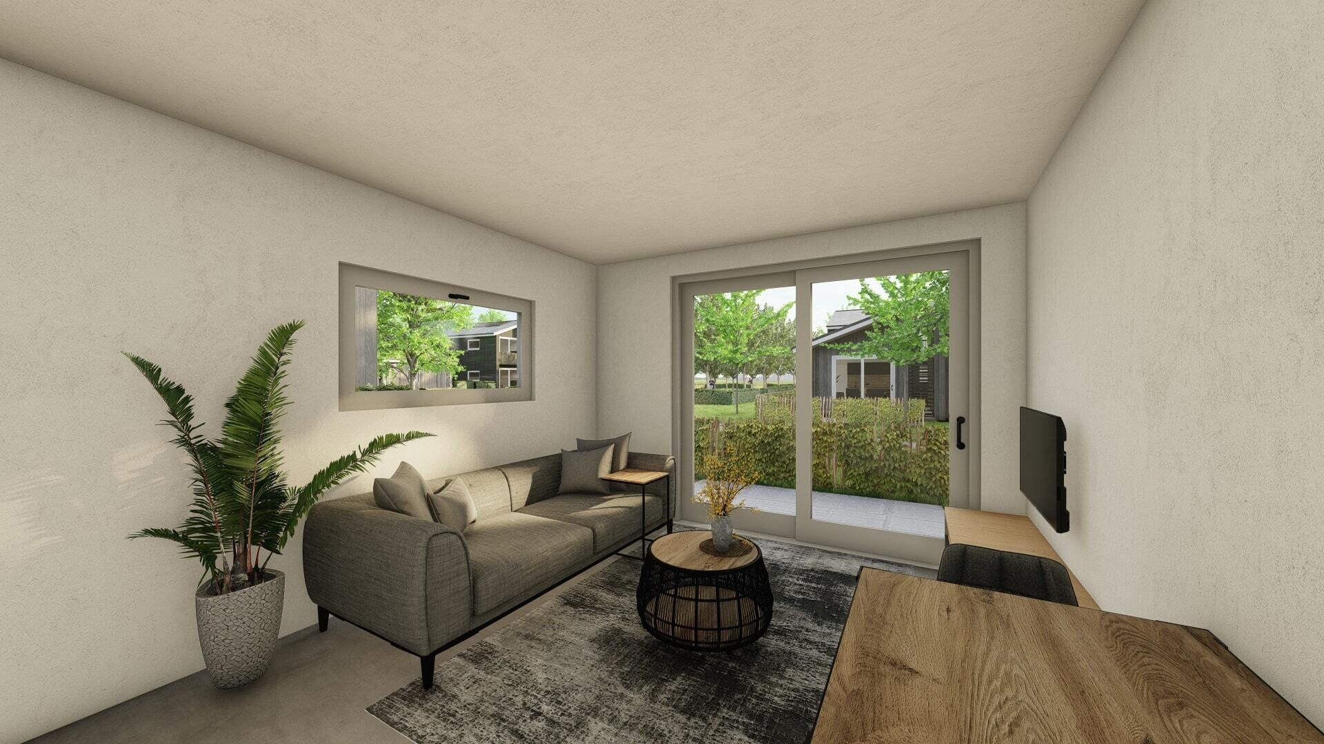 Impressie van woonkamer van flexwoning met bank, tv-meubel en salontafeltje