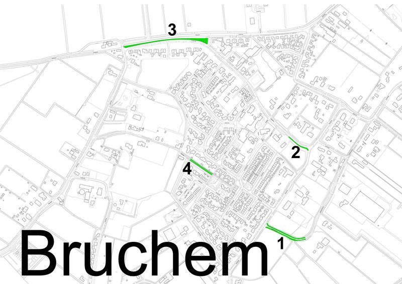 Plattegrond van Bruchem met de hondenuitlaatplaatsen. In de tabel onder de afbeelding staat om welke locaties het gaat. 