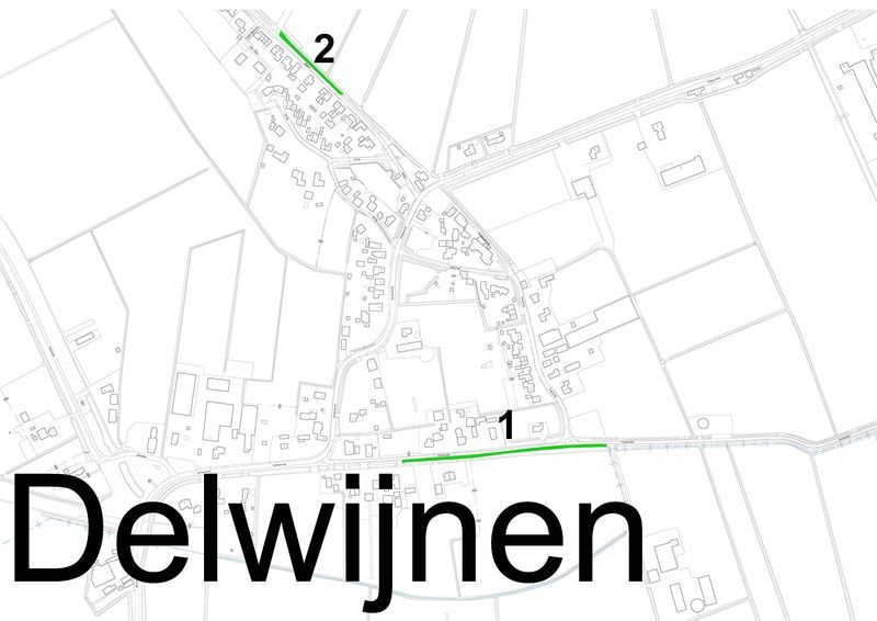 Plattegrond van Delwijnen met de hondenuitlaatplaatsen. In de tabel onder de afbeelding staat om welke locaties het gaat. 