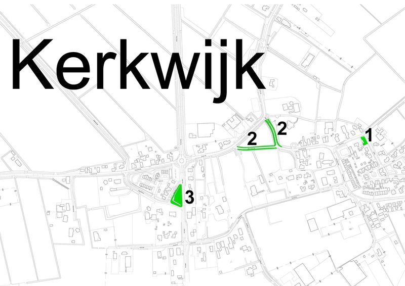 Plattegrond van Kerkwijk met de hondenuitlaatplaatsen. In de tabel onder de afbeelding staat om welke locaties het gaat. 