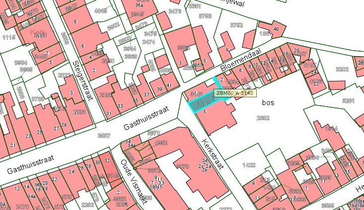 Kadastrale kaart van 2015 van ingetekende perceel aan de Kerkstraat 3 in Zaltbommel