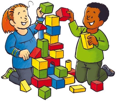 Prent van twee kinderen die een toren met blokken bouwen