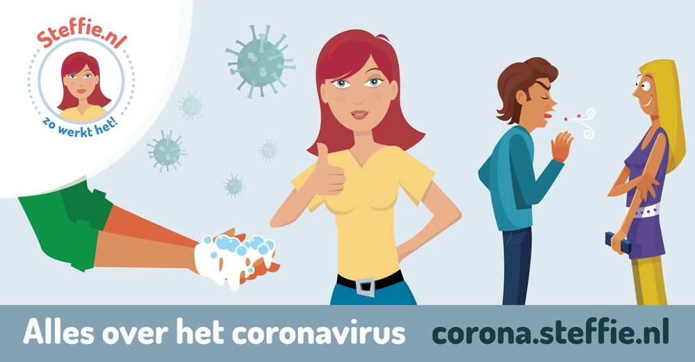 Plaatje van een meisje, genaamd Steffie die duimpje omhoog houdt. Naast haar handen in het schuim. En naast haar een jongen met meisje in gesprek met spetters uit zijn mond komend. Erbij staat: Alles over het coronavirus, corona.steffie.nl 